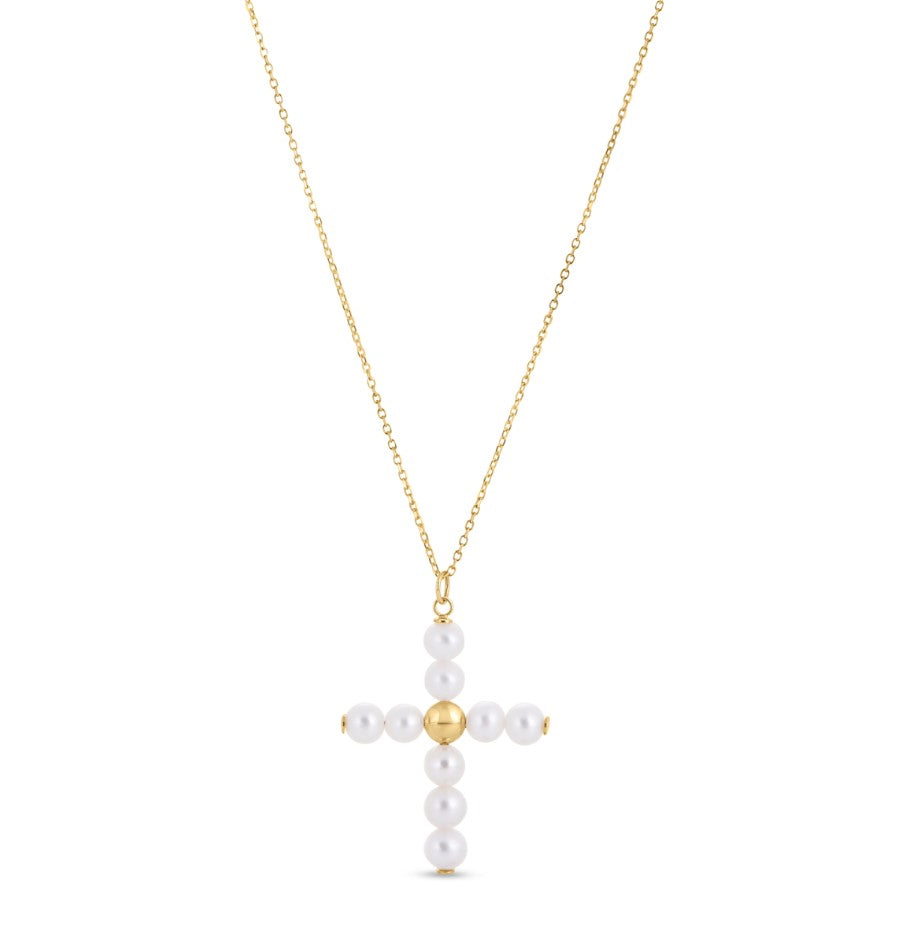 14K Yellow Gold Pearl Cross Pendant Necklace