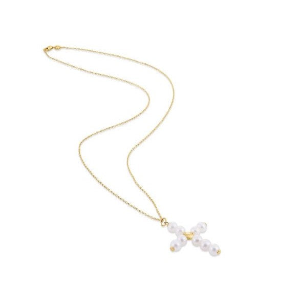 14K Yellow Gold Pearl Cross Pendant Necklace