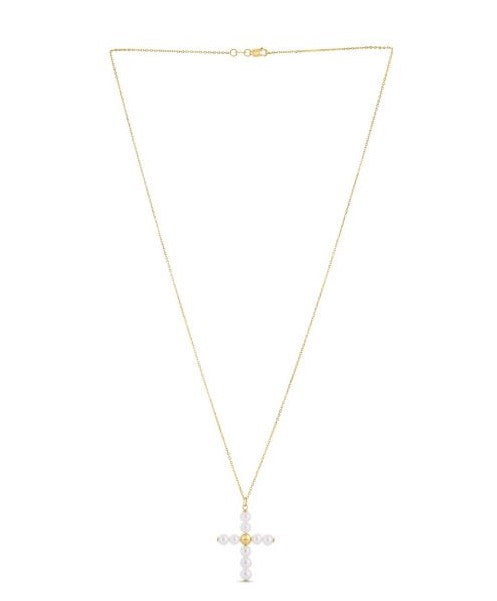 14K Yellow Gold Pearl Cross Pendant Necklace