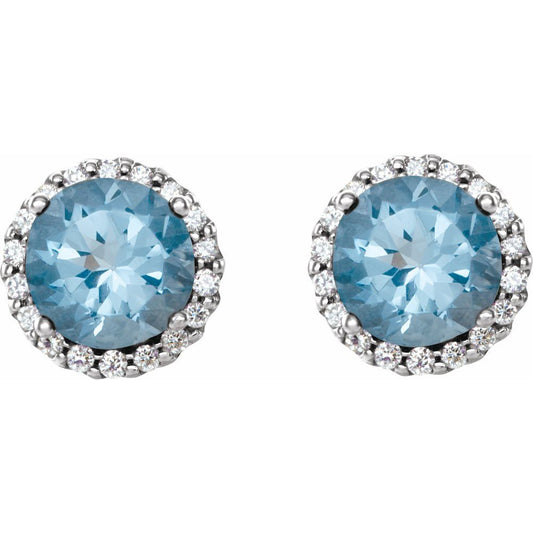 14K White Gold Aquamarine & Diamond 7mm Earrings